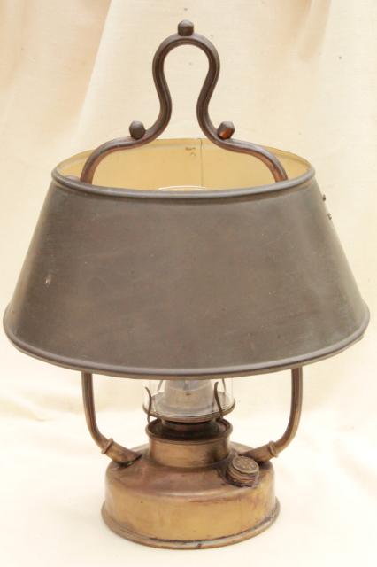 photo of antique hanging brass oil lamp w/ metal shade, farmhouse or tavern light w/ old tarnish patina #8