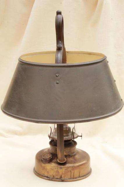 photo of antique hanging brass oil lamp w/ metal shade, farmhouse or tavern light w/ old tarnish patina #9