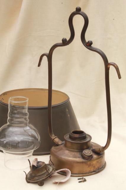 photo of antique hanging brass oil lamp w/ metal shade, farmhouse or tavern light w/ old tarnish patina #10