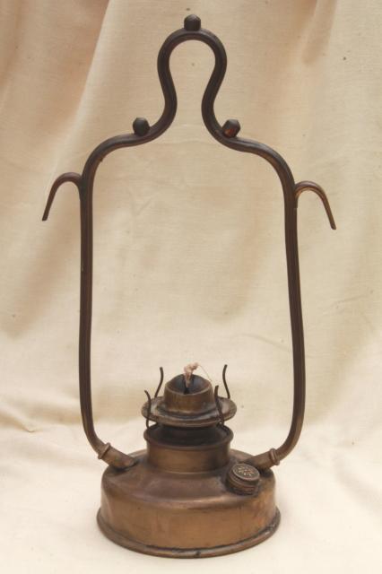 photo of antique hanging brass oil lamp w/ metal shade, farmhouse or tavern light w/ old tarnish patina #13
