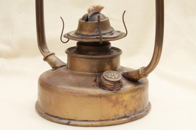 photo of antique hanging brass oil lamp w/ metal shade, farmhouse or tavern light w/ old tarnish patina #14