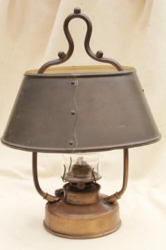 catalog photo of antique hanging brass oil lamp w/ metal shade, farmhouse or tavern light w/ old tarnish patina