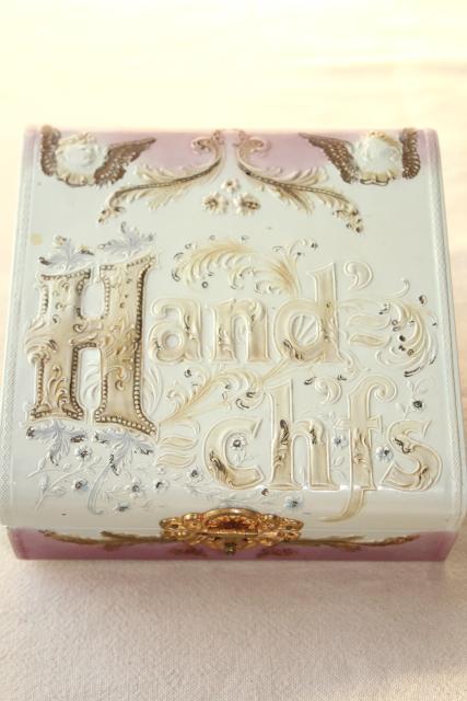 photo of antique hanky box, Victorian vintage dresser box marked Handkerchiefs  #7