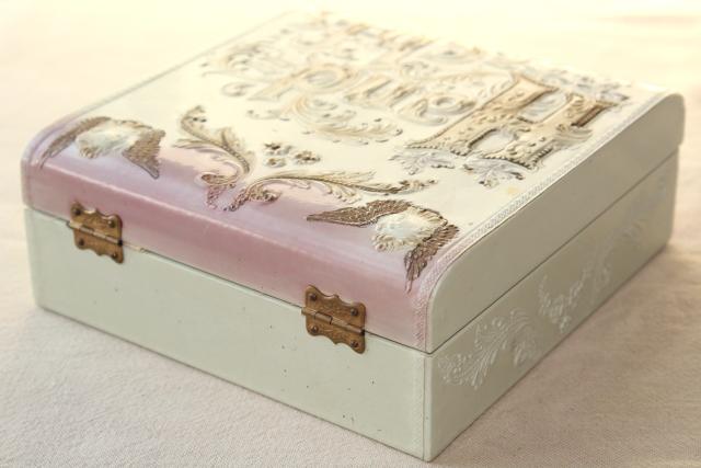 photo of antique hanky box, Victorian vintage dresser box marked Handkerchiefs  #11