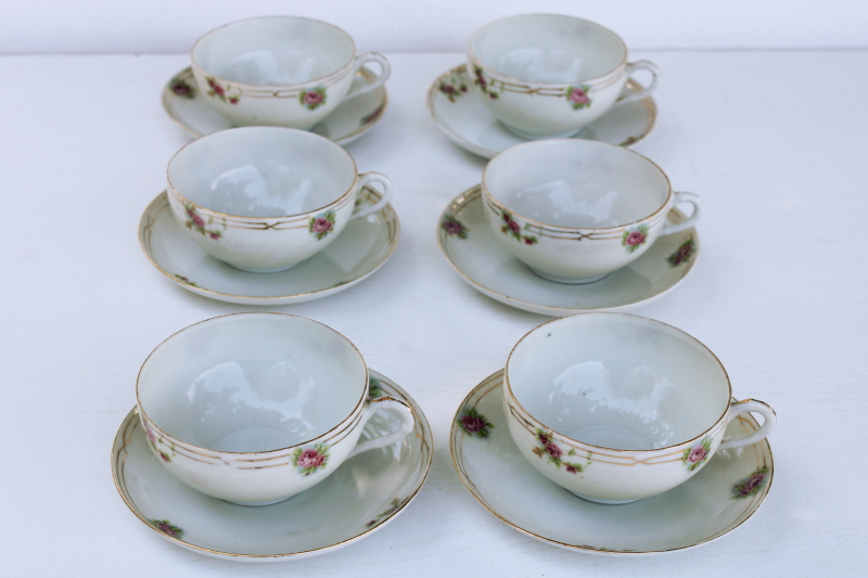 photo of antique hard painted Nippon porcelain, tiny roses floral vintage china tea cups-saucers #1