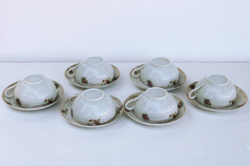 photo of antique hard painted Nippon porcelain, tiny roses floral vintage china tea cups-saucers #8