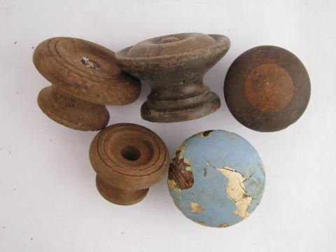 photo of antique hardware lot, primitive old wood drawer pulls, large jar asst. wooden knobs #3