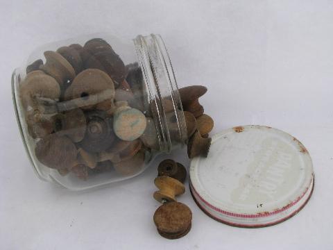 photo of antique hardware lot, primitive old wood drawer pulls, large jar asst. wooden knobs #1