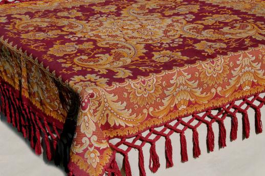 photo of antique harvest table cover shawl, rich red & gold cotton brocade tablecloth w/ heavy tassels fringe #1