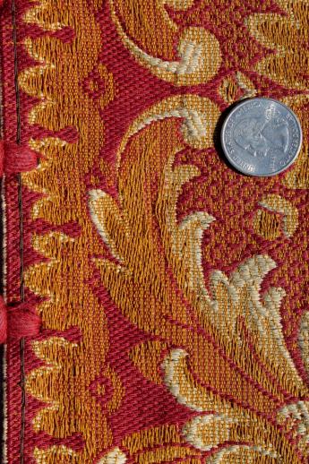 photo of antique harvest table cover shawl, rich red & gold cotton brocade tablecloth w/ heavy tassels fringe #2