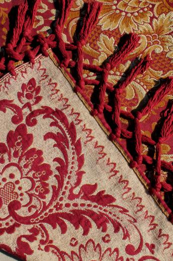 photo of antique harvest table cover shawl, rich red & gold cotton brocade tablecloth w/ heavy tassels fringe #3