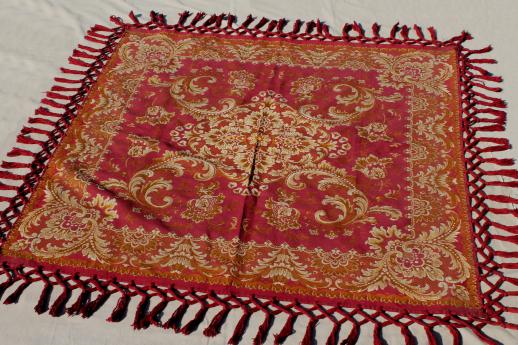 photo of antique harvest table cover shawl, rich red & gold cotton brocade tablecloth w/ heavy tassels fringe #4