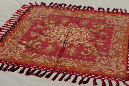 photo of antique harvest table cover shawl, rich red & gold cotton brocade tablecloth w/ heavy tassels fringe #6