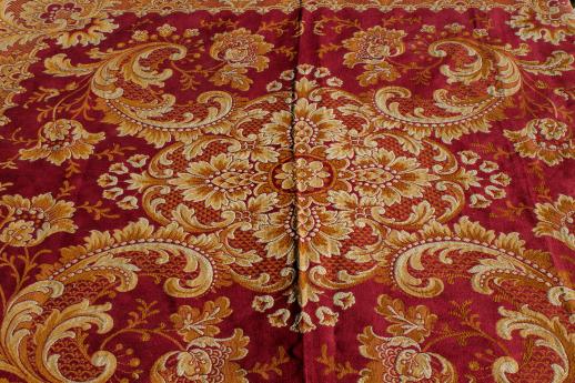 photo of antique harvest table cover shawl, rich red & gold cotton brocade tablecloth w/ heavy tassels fringe #7