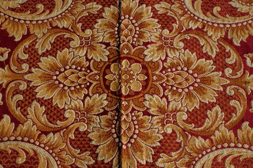 photo of antique harvest table cover shawl, rich red & gold cotton brocade tablecloth w/ heavy tassels fringe #8