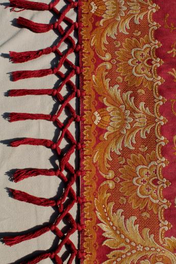 photo of antique harvest table cover shawl, rich red & gold cotton brocade tablecloth w/ heavy tassels fringe #9