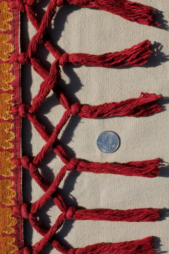 photo of antique harvest table cover shawl, rich red & gold cotton brocade tablecloth w/ heavy tassels fringe #11