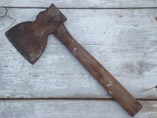 photo of antique hatchet w/ broad axe blade, Wiss mark? primitive old farm tool ax #1