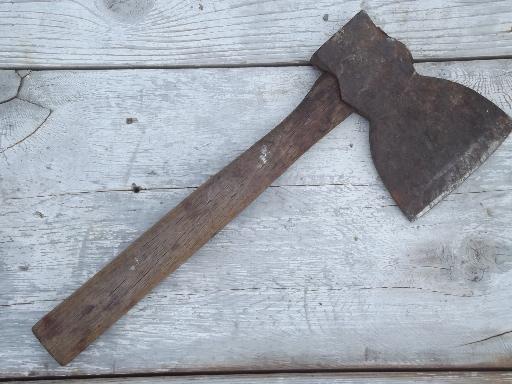 photo of antique hatchet w/ broad axe blade, Wiss mark? primitive old farm tool ax #2