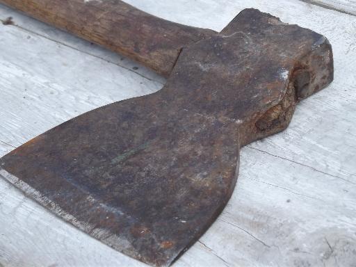 photo of antique hatchet w/ broad axe blade, Wiss mark? primitive old farm tool ax #6