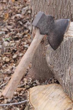 catalog photo of antique hatchet, rustic  hewing hatchet w/ broad ax head, primitive iron farm tool