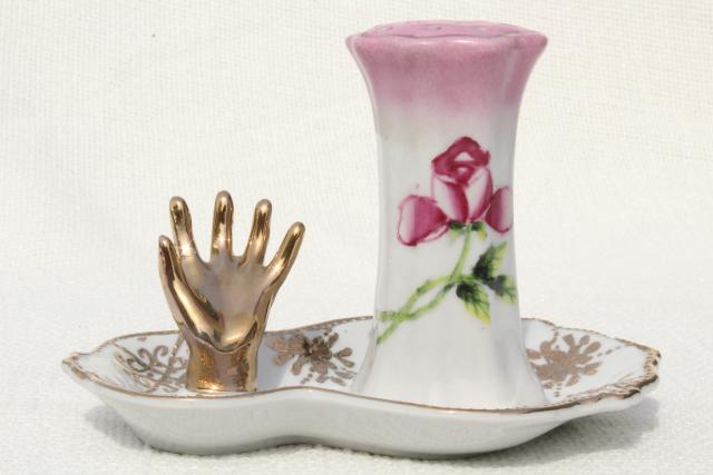 photo of antique hatpin holder w/ hand to hold ring, early 1900s vintage hand painted Nippon china #3