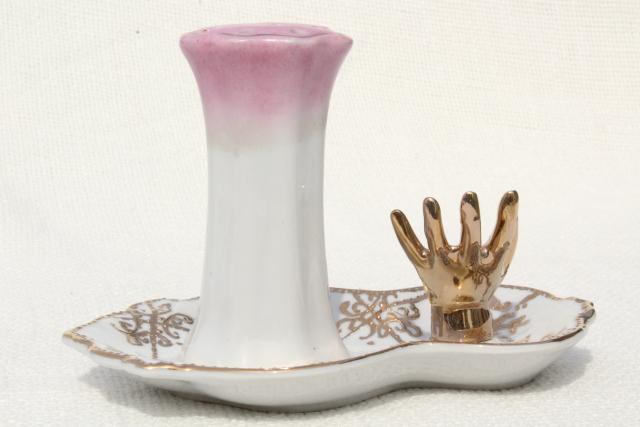 photo of antique hatpin holder w/ hand to hold ring, early 1900s vintage hand painted Nippon china #5