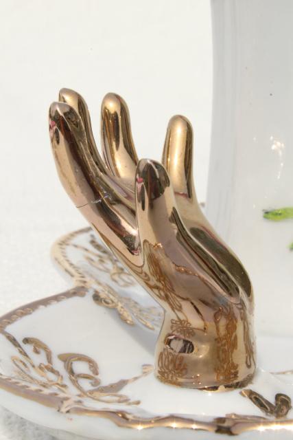 photo of antique hatpin holder w/ hand to hold ring, early 1900s vintage hand painted Nippon china #9