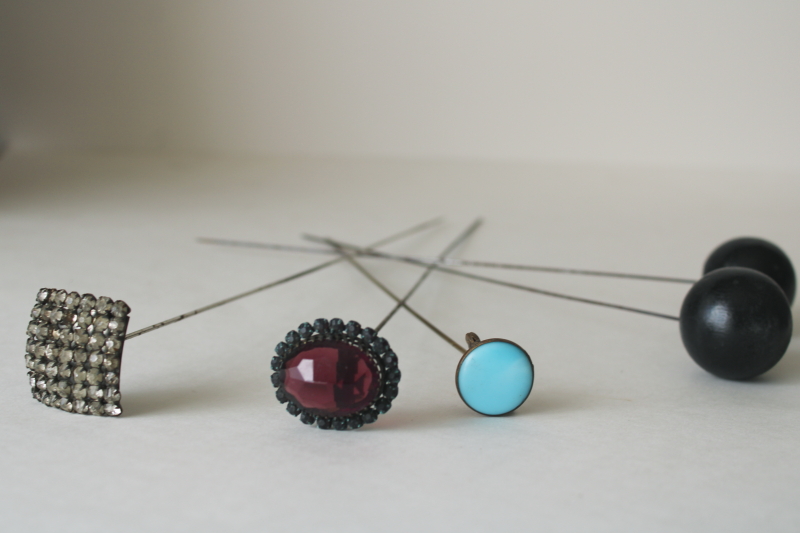 photo of antique hatpins lot, long sharp stick pins early 1900s vintage, rhinestone jeweled pins, big round ball pins  #1
