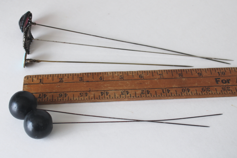 photo of antique hatpins lot, long sharp stick pins early 1900s vintage, rhinestone jeweled pins, big round ball pins  #3