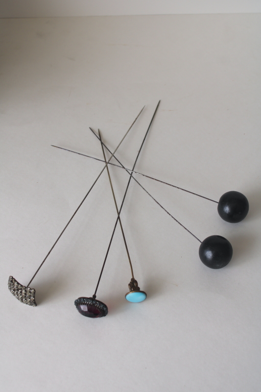 photo of antique hatpins lot, long sharp stick pins early 1900s vintage, rhinestone jeweled pins, big round ball pins  #4