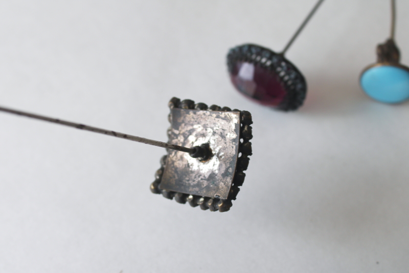 photo of antique hatpins lot, long sharp stick pins early 1900s vintage, rhinestone jeweled pins, big round ball pins  #7