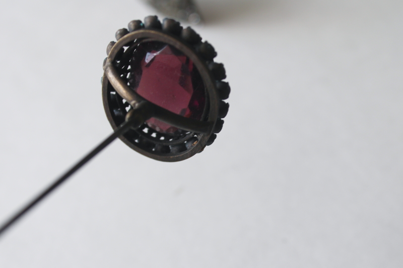 photo of antique hatpins lot, long sharp stick pins early 1900s vintage, rhinestone jeweled pins, big round ball pins  #9