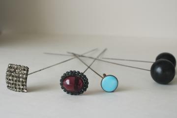 antique hatpins lot, long sharp stick pins early 1900s vintage, rhinestone jeweled pins, big round ball pins 