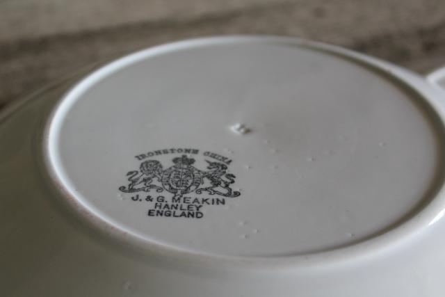 photo of antique heavy white ironstone china plates, old English backstamps Royal Arms marks #6