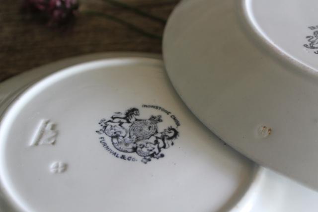 photo of antique heavy white ironstone china plates, old English backstamps Royal Arms marks #7