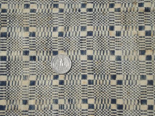 photo of antique homespun coverlet fabric, hand woven indigo blue cloth table runner #1