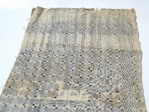 photo of antique homespun coverlet fabric, hand woven indigo blue cloth table runner #4