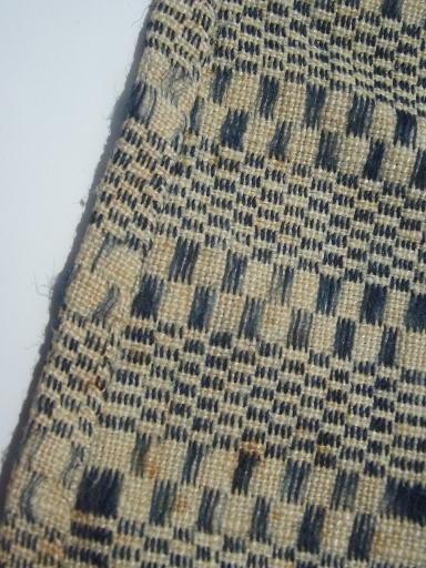 photo of antique homespun coverlet fabric, hand woven indigo blue cloth table runner #6