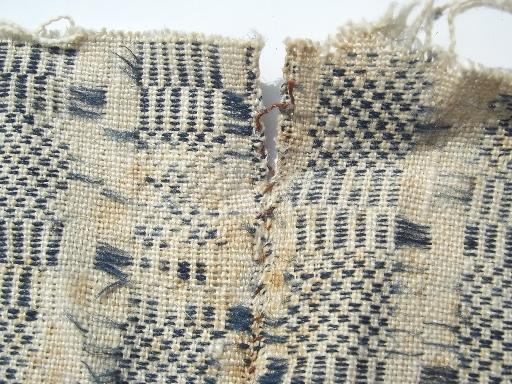 photo of antique homespun coverlet fabric, hand woven indigo blue cloth table runner #8