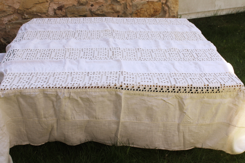 photo of antique homespun flax linen tablecloth w/ handmade cotton lace, vintage french country rustic farmhouse  #1