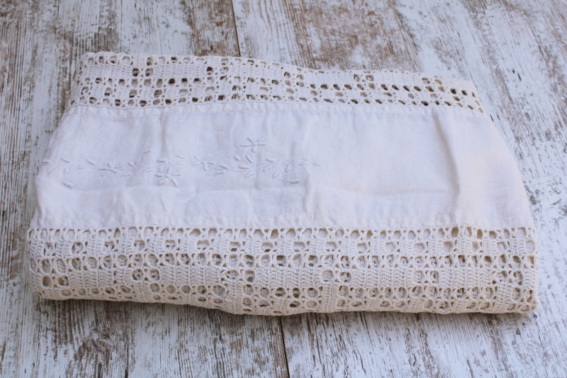 photo of antique homespun flax linen tablecloth w/ handmade cotton lace, vintage french country rustic farmhouse  #2