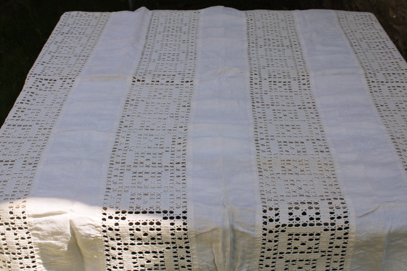 photo of antique homespun flax linen tablecloth w/ handmade cotton lace, vintage french country rustic farmhouse  #3