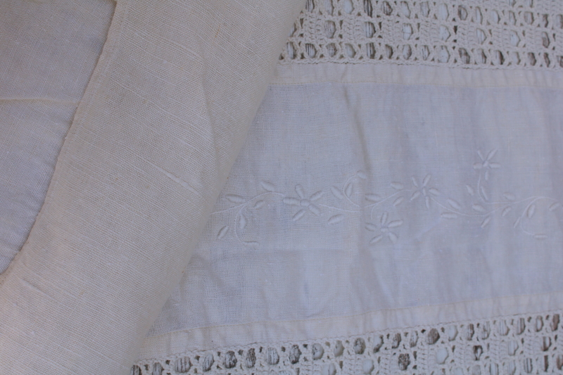 photo of antique homespun flax linen tablecloth w/ handmade cotton lace, vintage french country rustic farmhouse  #4