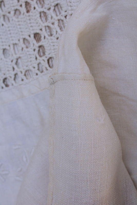 photo of antique homespun flax linen tablecloth w/ handmade cotton lace, vintage french country rustic farmhouse  #5