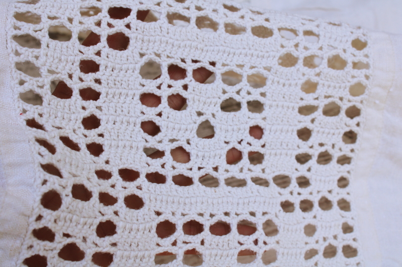 photo of antique homespun flax linen tablecloth w/ handmade cotton lace, vintage french country rustic farmhouse  #6