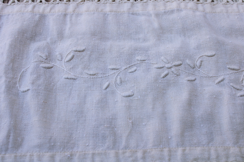 photo of antique homespun flax linen tablecloth w/ handmade cotton lace, vintage french country rustic farmhouse  #8