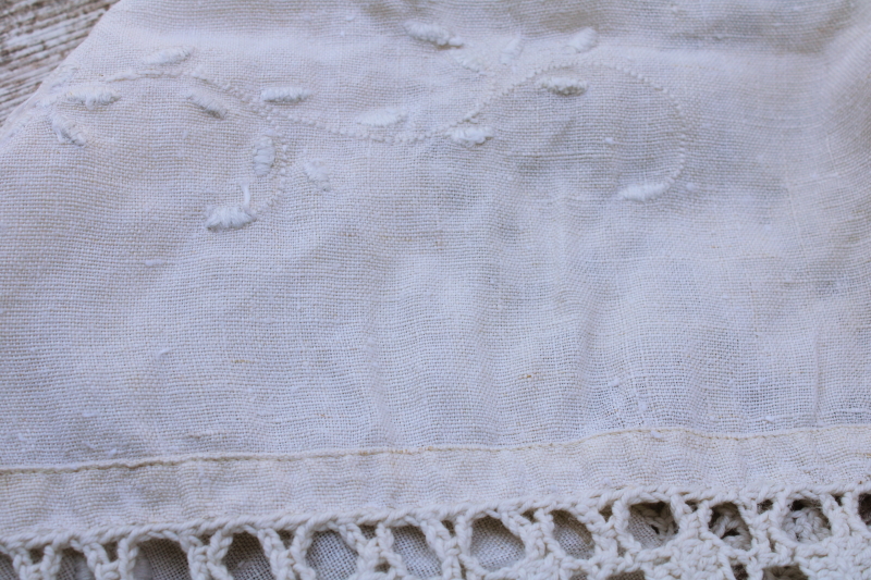 photo of antique homespun flax linen tablecloth w/ handmade cotton lace, vintage french country rustic farmhouse  #9