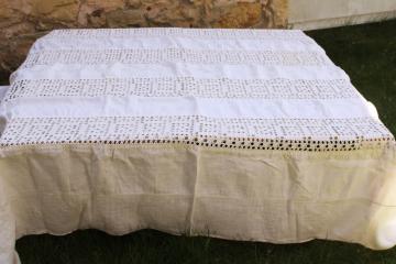 catalog photo of antique homespun flax linen tablecloth w/ handmade cotton lace, vintage french country rustic farmhouse 