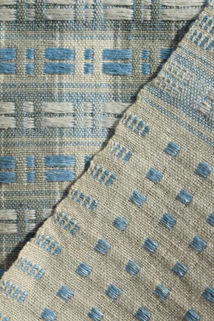 photo of antique homespun hand woven linen tablecloth, vintage farmhouse blue & white unbleached flax #1